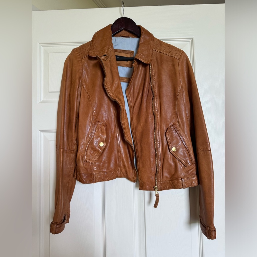 Massimo Dutti. Camel brown Biker leather jacket.